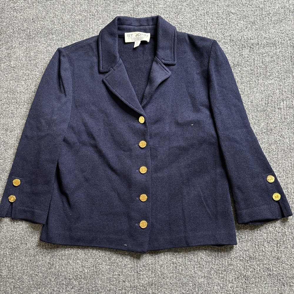 St. John Collection Jacket Blazer Knit Women's 6 Gold Button Blue Collared